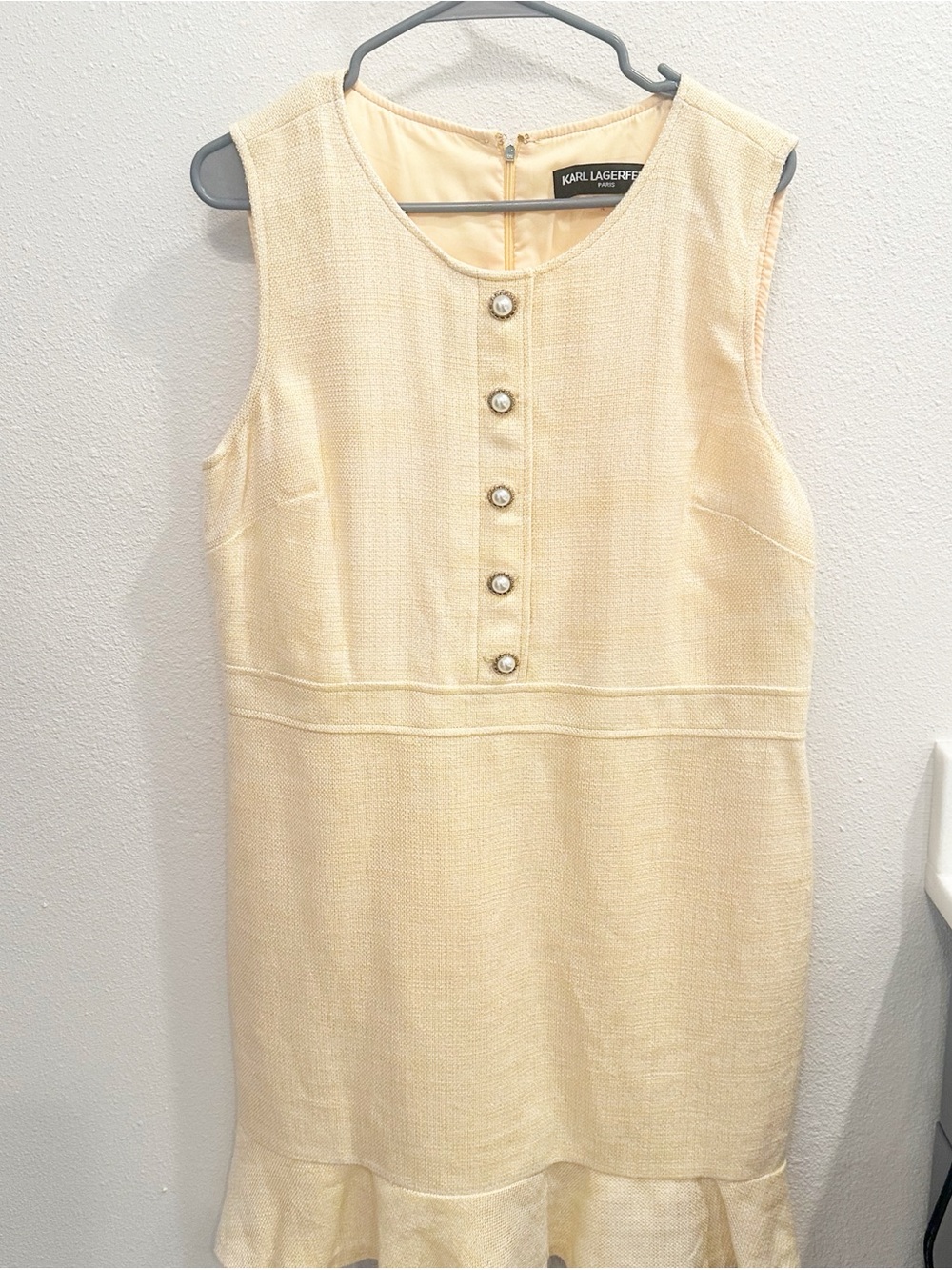 Karl Lagerfeld Pale Cream Sleeveless Shift Dress with Pearl Buttons